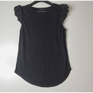 Love Generation Black Top Faux Pearl Frills Ruffles Short Sleeve XS